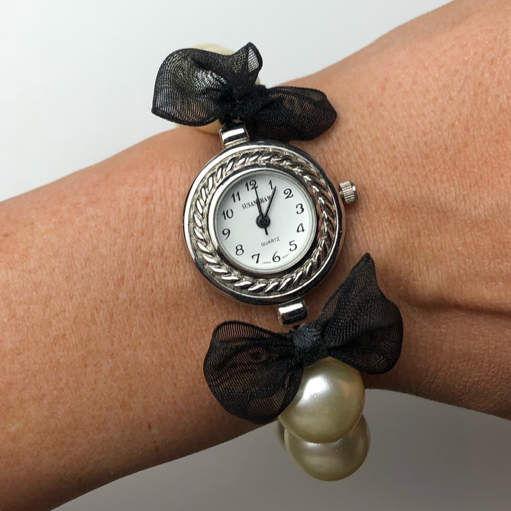 Vintage Susan Shaw Pearl Bead Watch Bracelet with Black Bow Accents